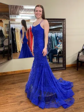 Open Back Mermaid Blue Lace Long Prom Dresses, Blue Lace Formal Dresses, Mermaid Blue Evening Dresses