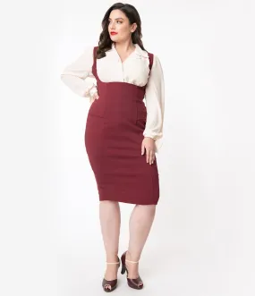 Unique Vintage Plus Size Burgundy Red Fontaine Suspender Pencil Skirt