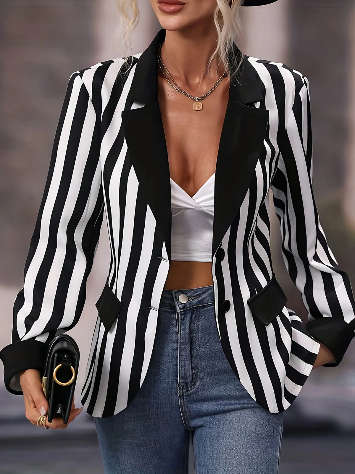 1950s Lapel Contrast Black & White Stripes Blazer