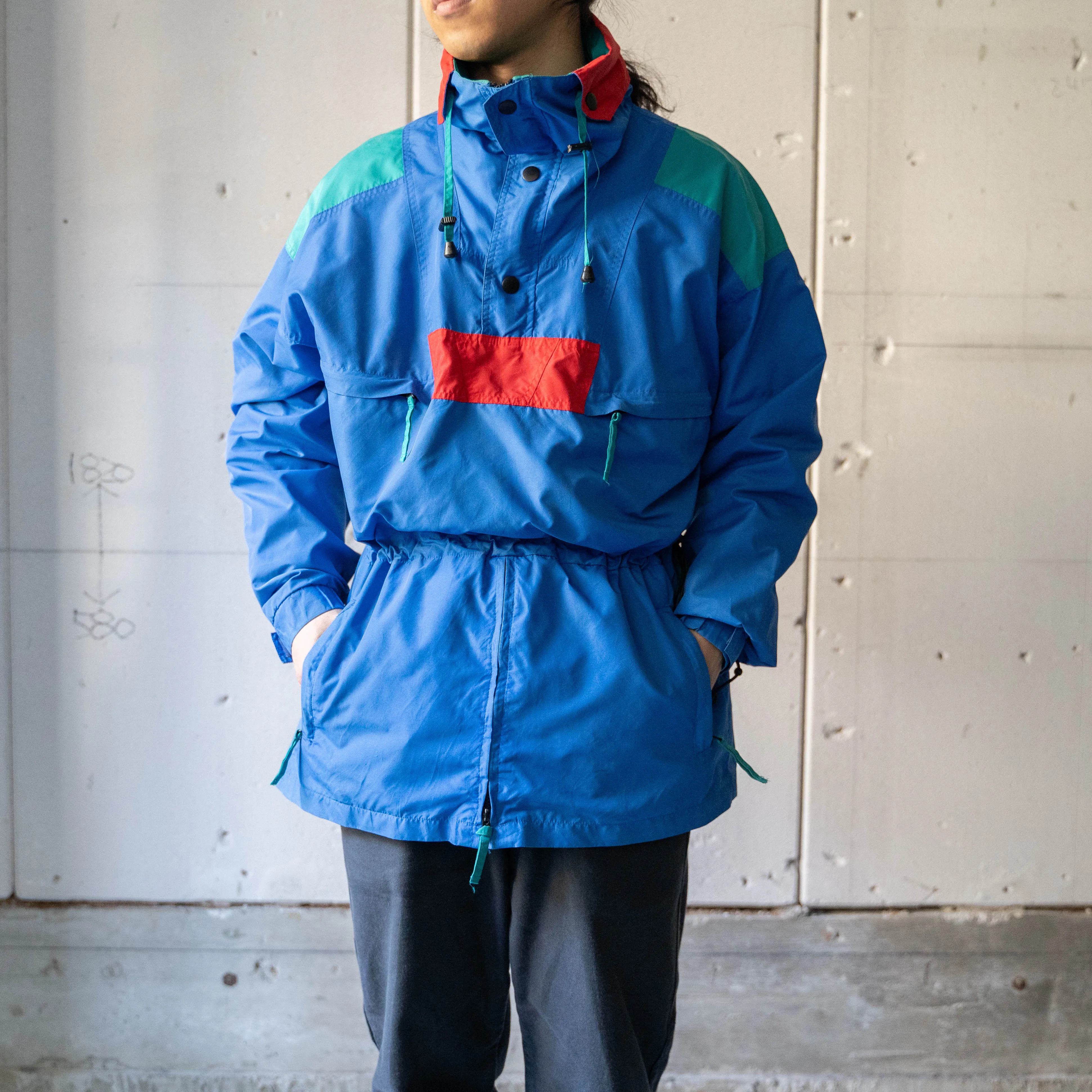 1980-90s Herman's blue × red × emerald green nylon anorak parka