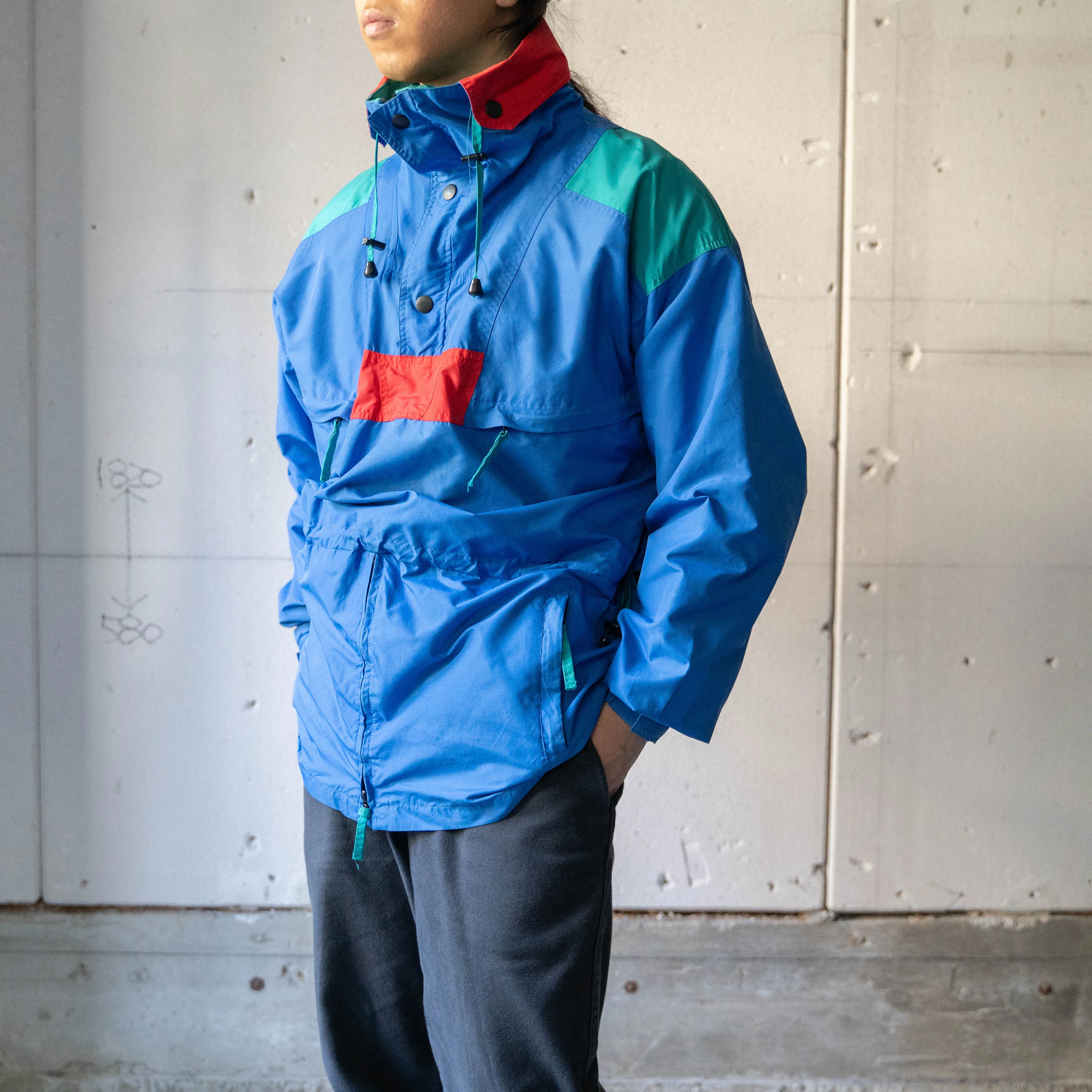 1980-90s Herman's blue × red × emerald green nylon anorak parka