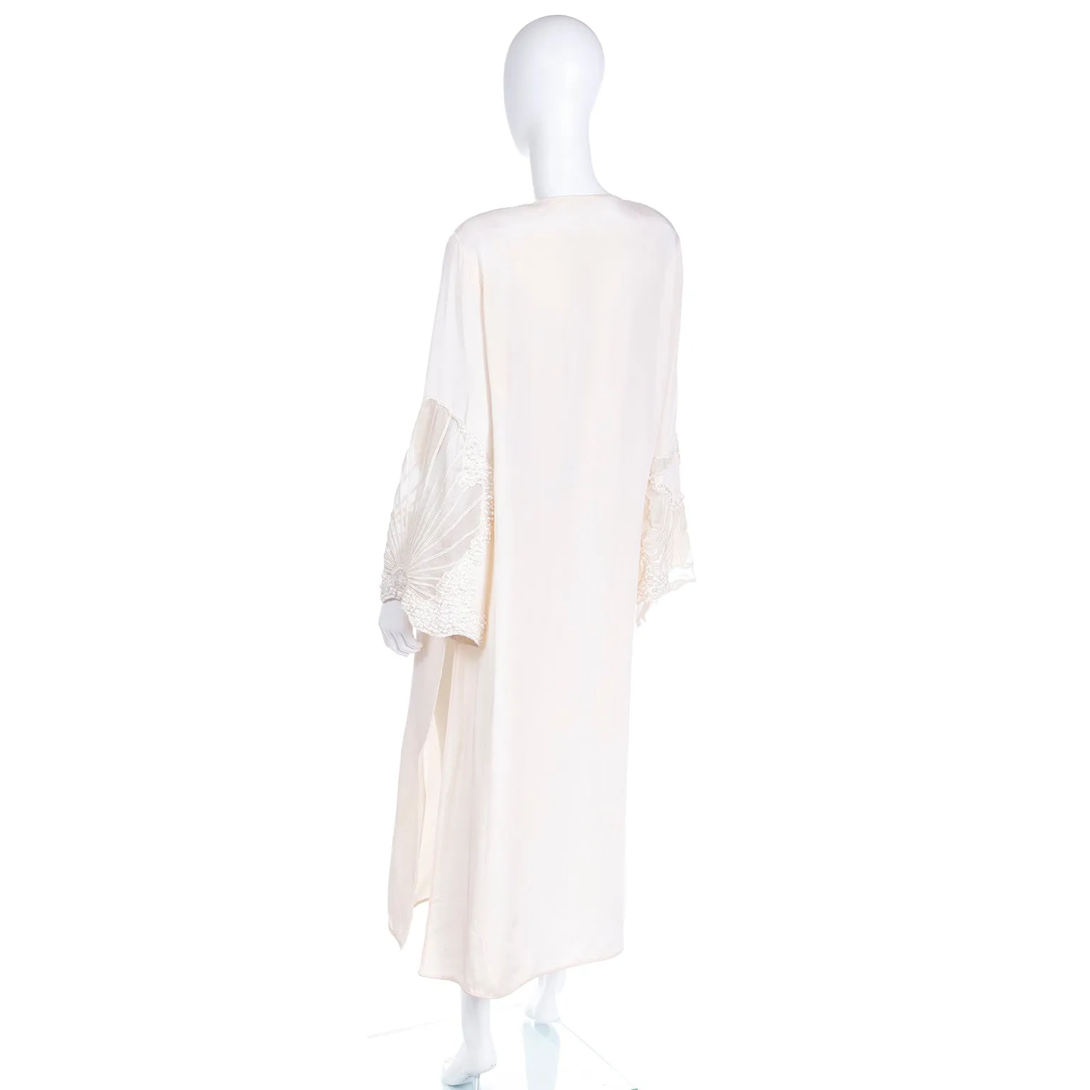 1990s Laura Biagiotti Ivory Caftan Style Tunic Dress W Embroidery and Pearls