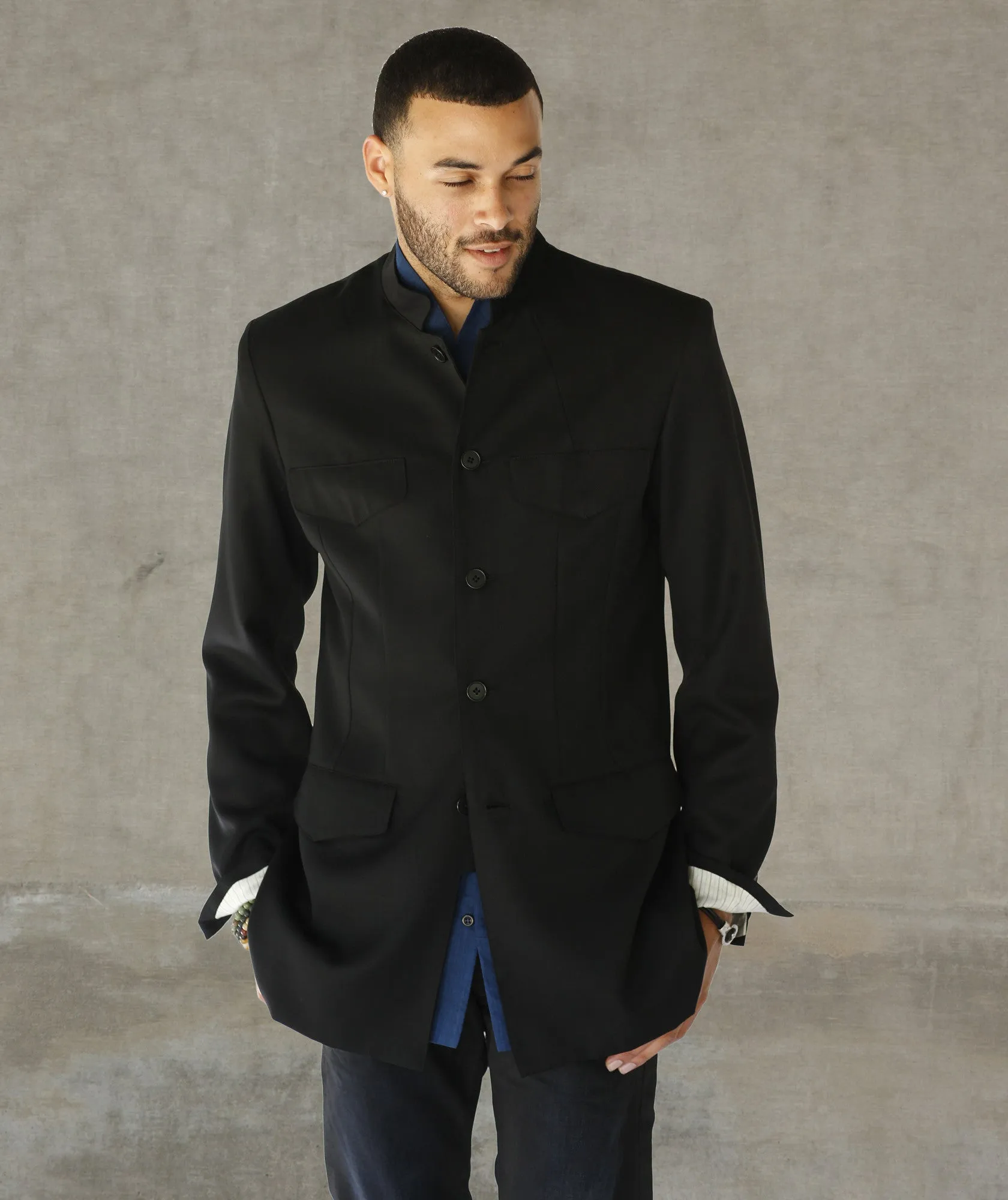 4 Pocket Band Collar Wool Gabardine Jacket