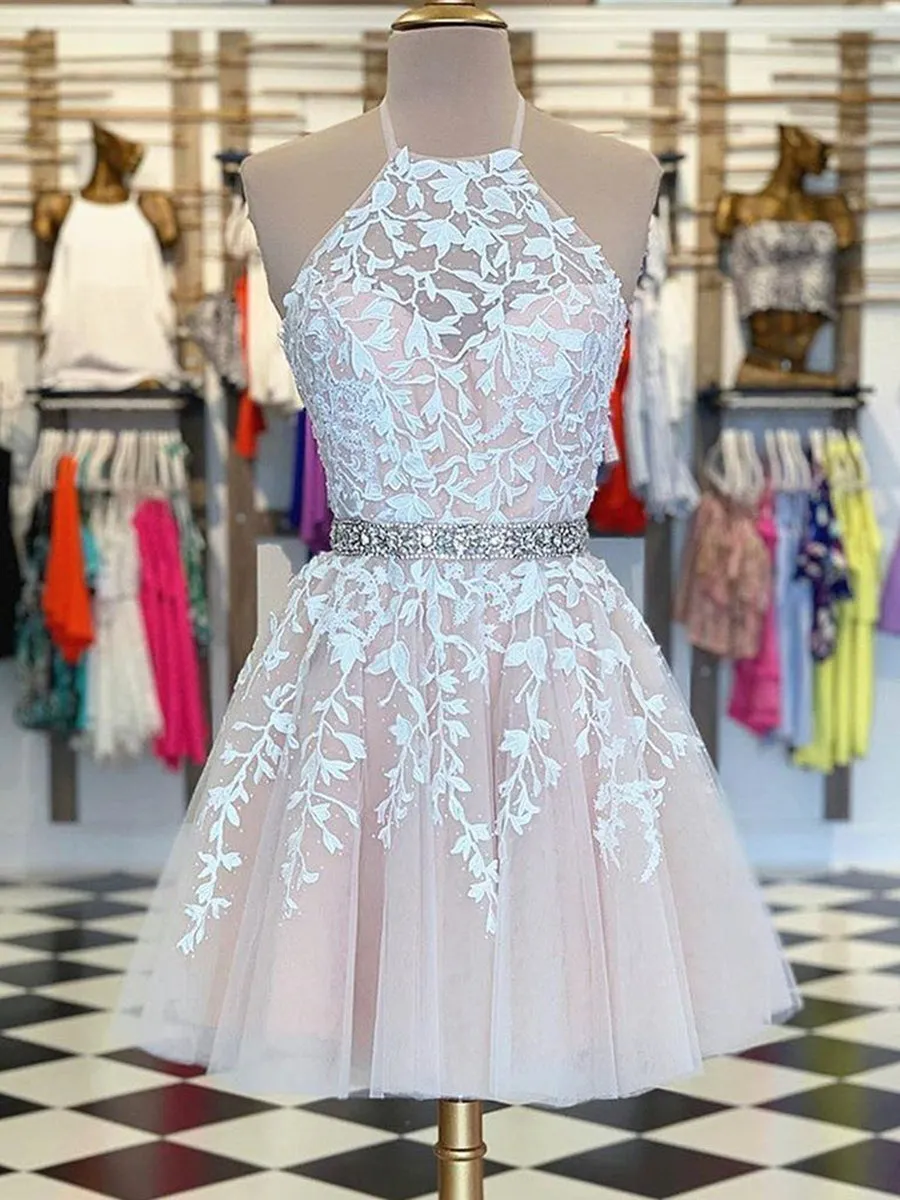 A Line Halter Neck Short Pink Lace Prom with Belt, Pink Lace Formal Graduation Homecoming