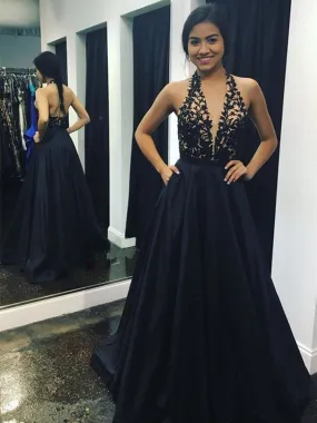 A Line V neck Backless Lace Black Prom with Pockets, Black Formal, Evening