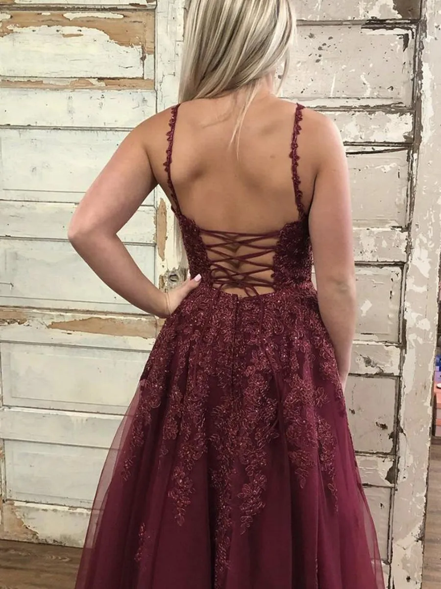 A Line V Neck Open Back Burgundy Lace Long Prom, Backless Burgundy Formal, Burgundy Lace Evening