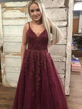 A Line V Neck Open Back Burgundy Lace Long Prom, Backless Burgundy Formal, Burgundy Lace Evening