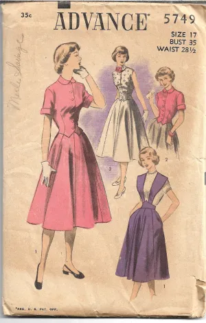 Advance 5749 Suspender Skirt Blouse Vintage Sewing Pattern 1950s Unprinted