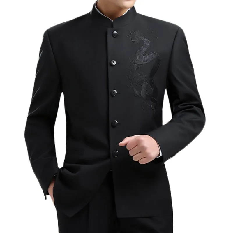 Aidase Dragon Embroidery Men Chinese Style Tunic Suit Jacket Mandarin Stand Collar New  Kung Fu Uniform Coat Single Breasted Black