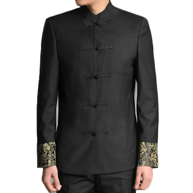 Aidase Dragon Embroidery Men Chinese Style Tunic Suit Jacket Mandarin Stand Collar New  Kung Fu Uniform Coat Single Breasted Black