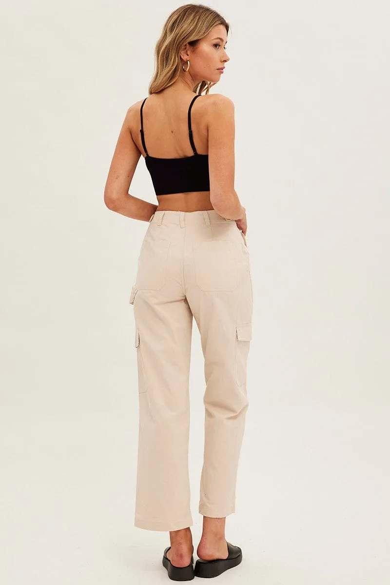 Beige Cargo Pants Mid Rise