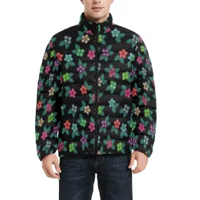 Berry Flowers Black Men's Stand Collar Padded Jacket