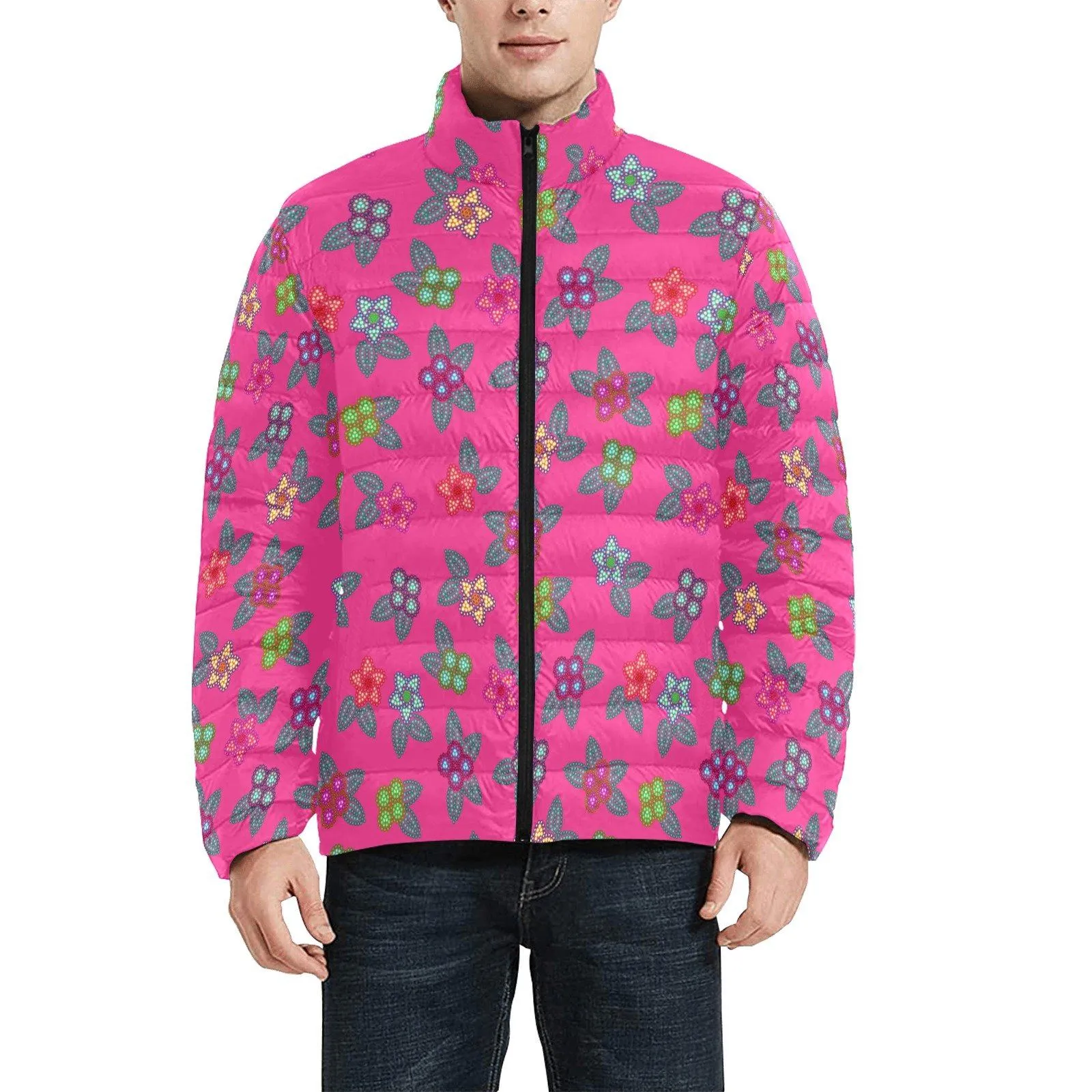 Berry Flowers Men's Stand Collar Padded Jacket