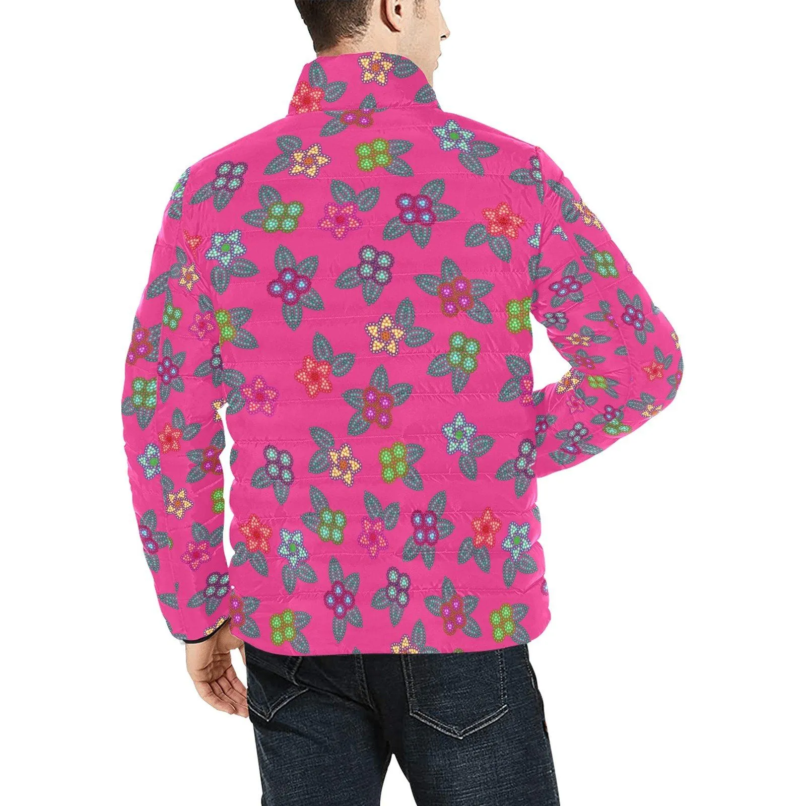 Berry Flowers Men's Stand Collar Padded Jacket