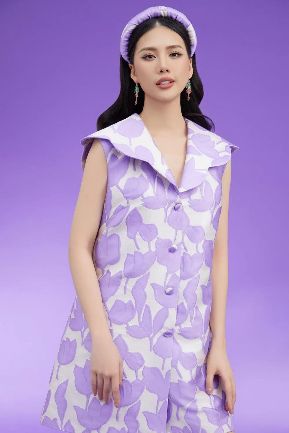 Berry Trapezoid Sailor Collar Neck Brocade Above The Knee Dress