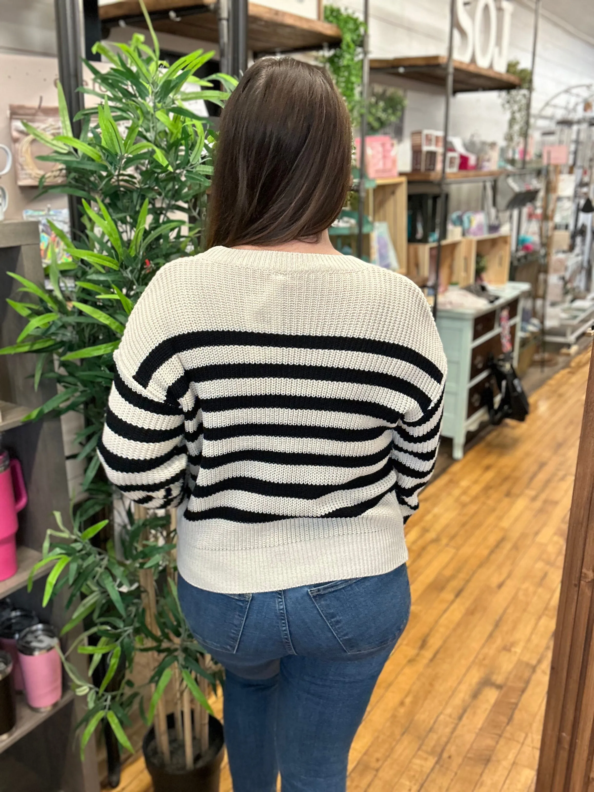 Black & Cream Striped Knit Sweater - Plus