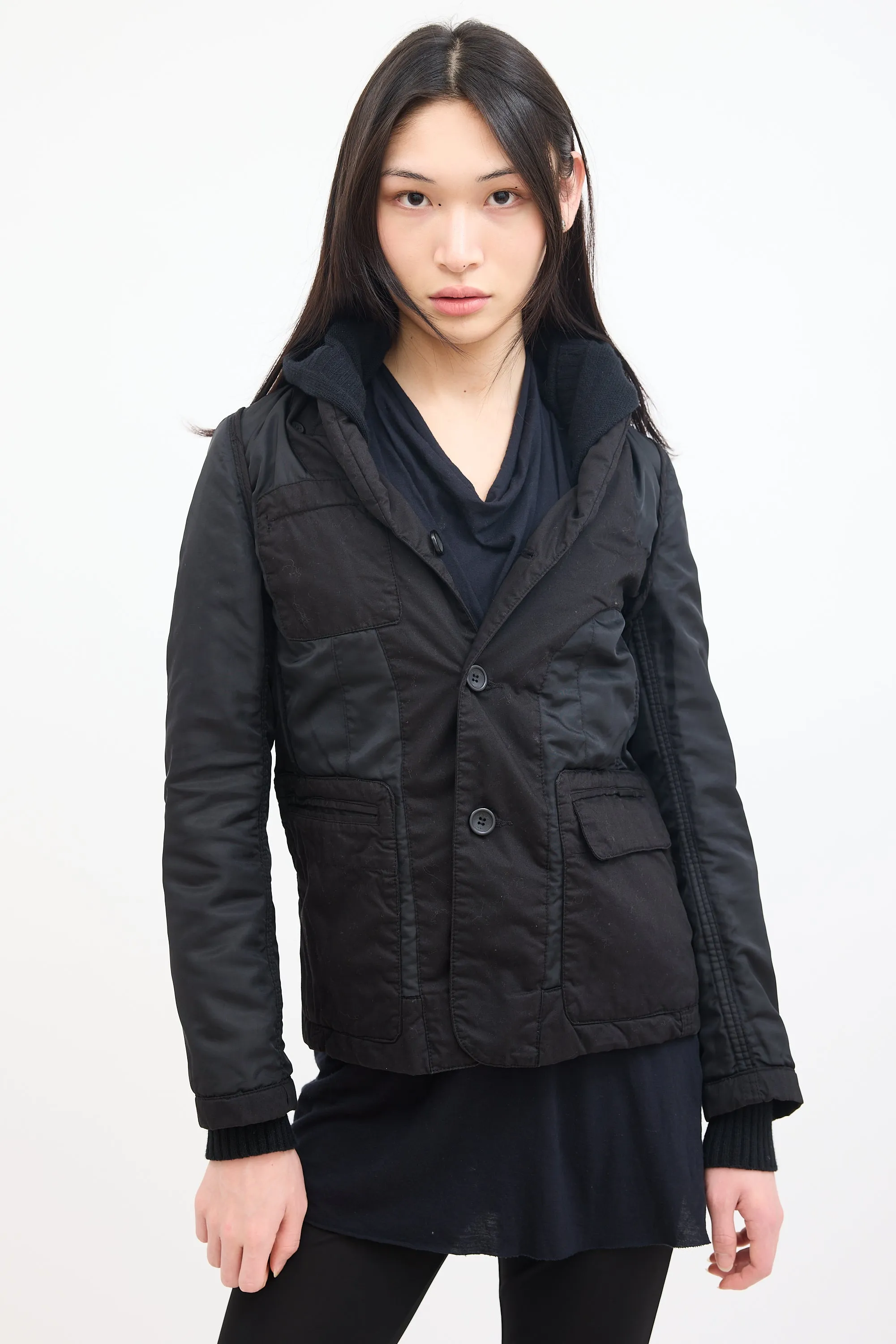 Black Cotton Detachable Hood Jacket