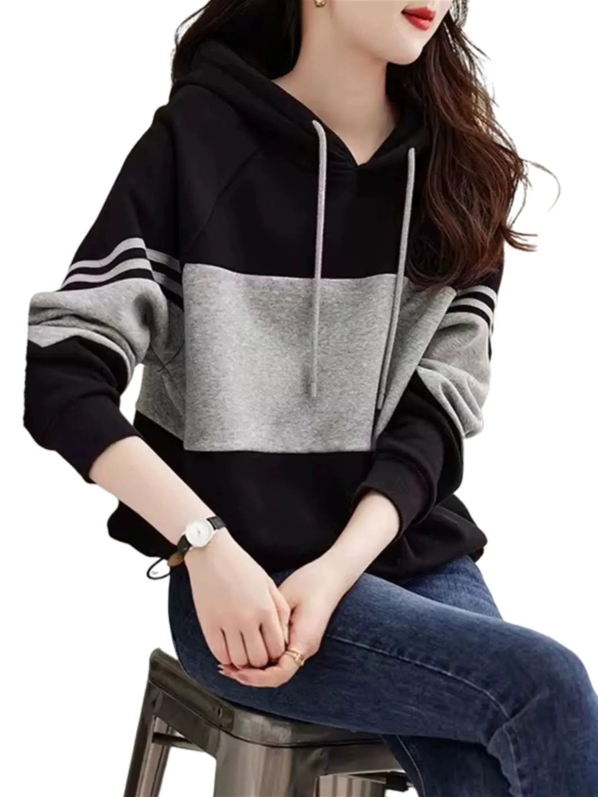 Black Loose Striped Patchwork Casual Hooded Sweater