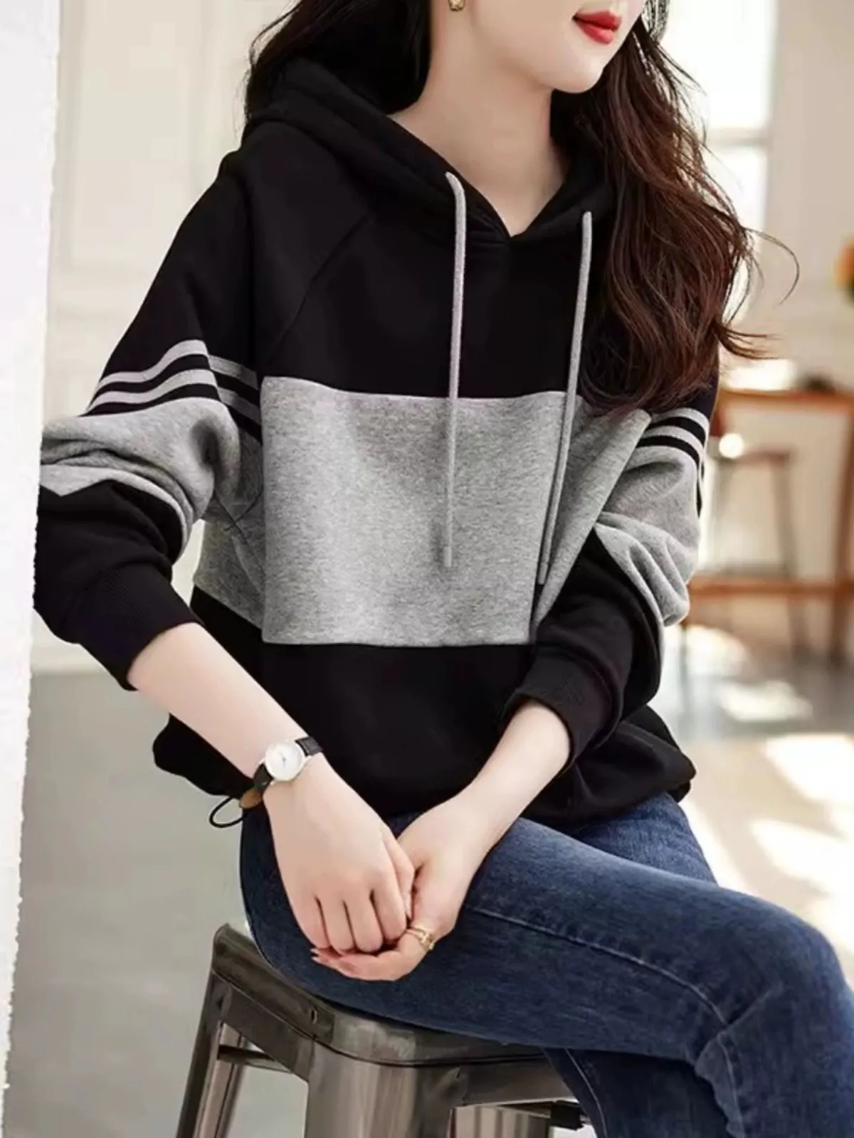 Black Loose Striped Patchwork Casual Hooded Sweater