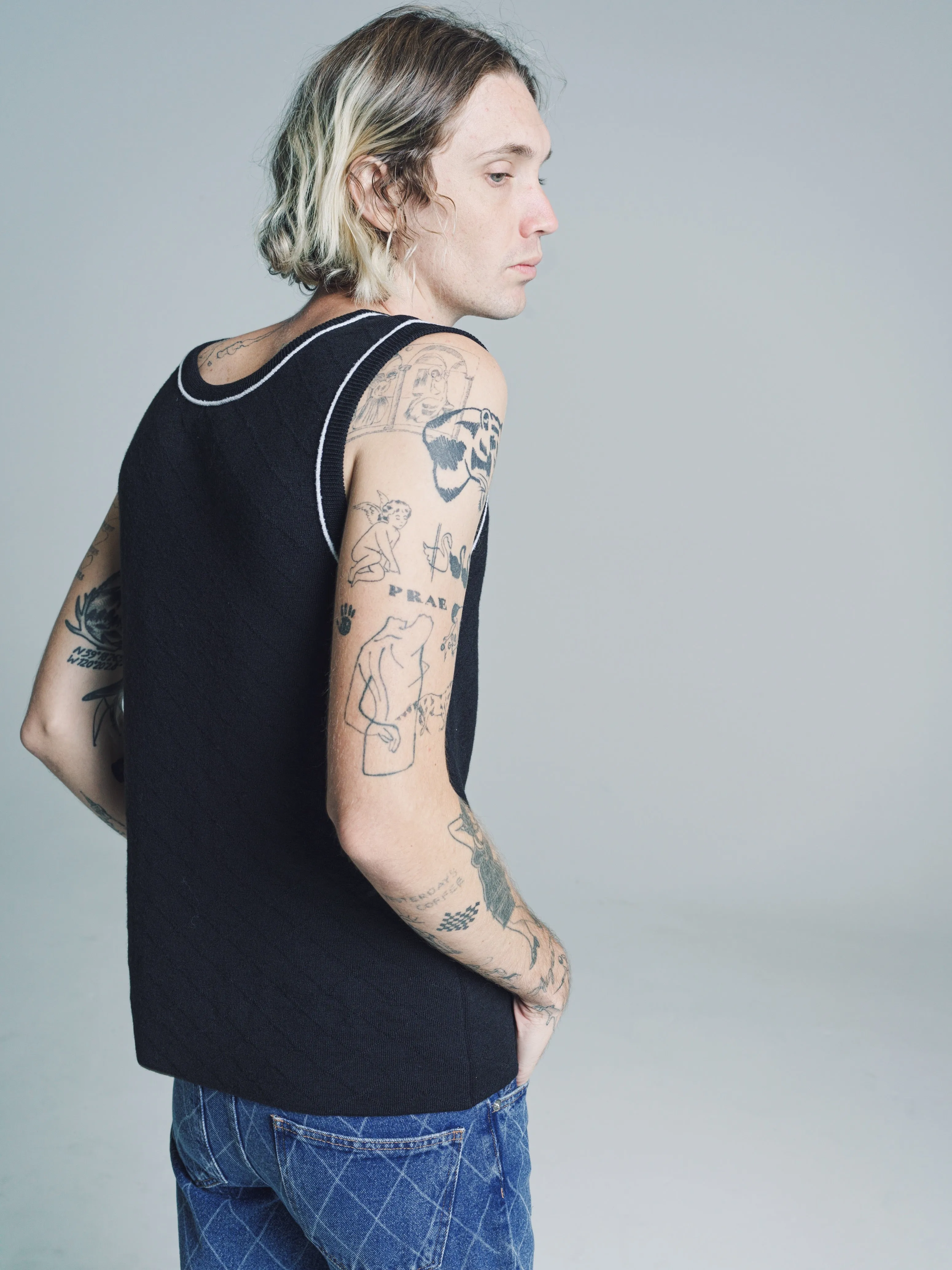 Black Merino Wool Quilted Tank Top