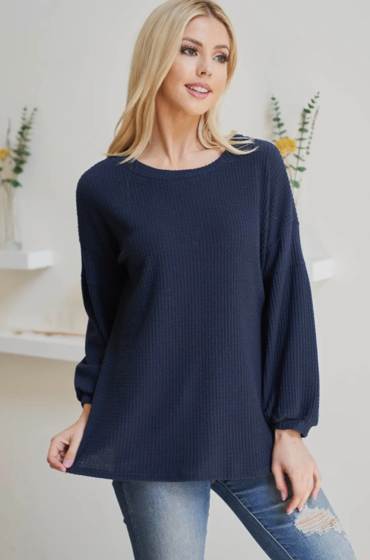 Blouse - Puff Sleeve Boat Neck Waffle Tunic, Also Plus Size