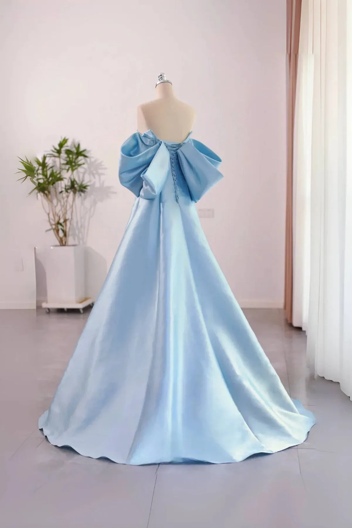 Blue Satin A-line Long Party Dress, Blue Satin Long Evening Dress Prom Dress