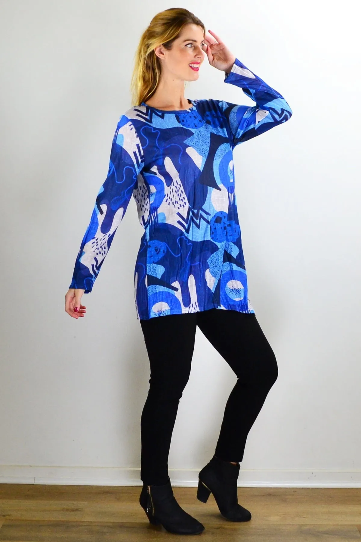 Blue Water Print Crinkle Tunic Top