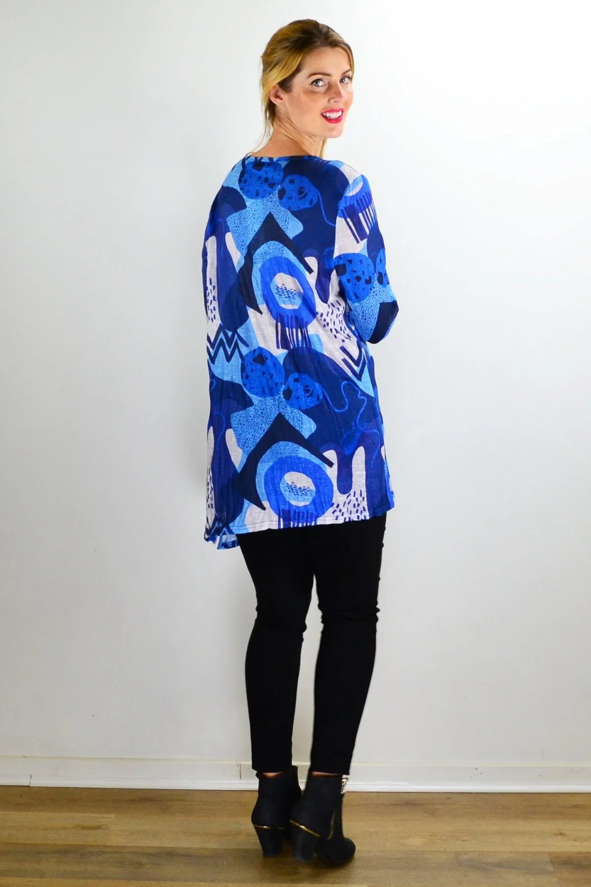 Blue Water Print Crinkle Tunic Top