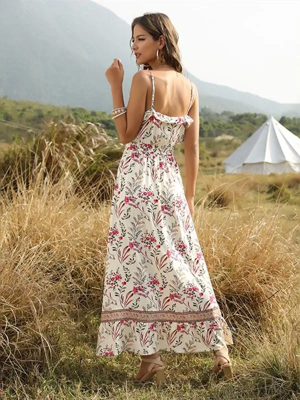 Bohemian Wind Printed Flounced V-neck Suspender Dress