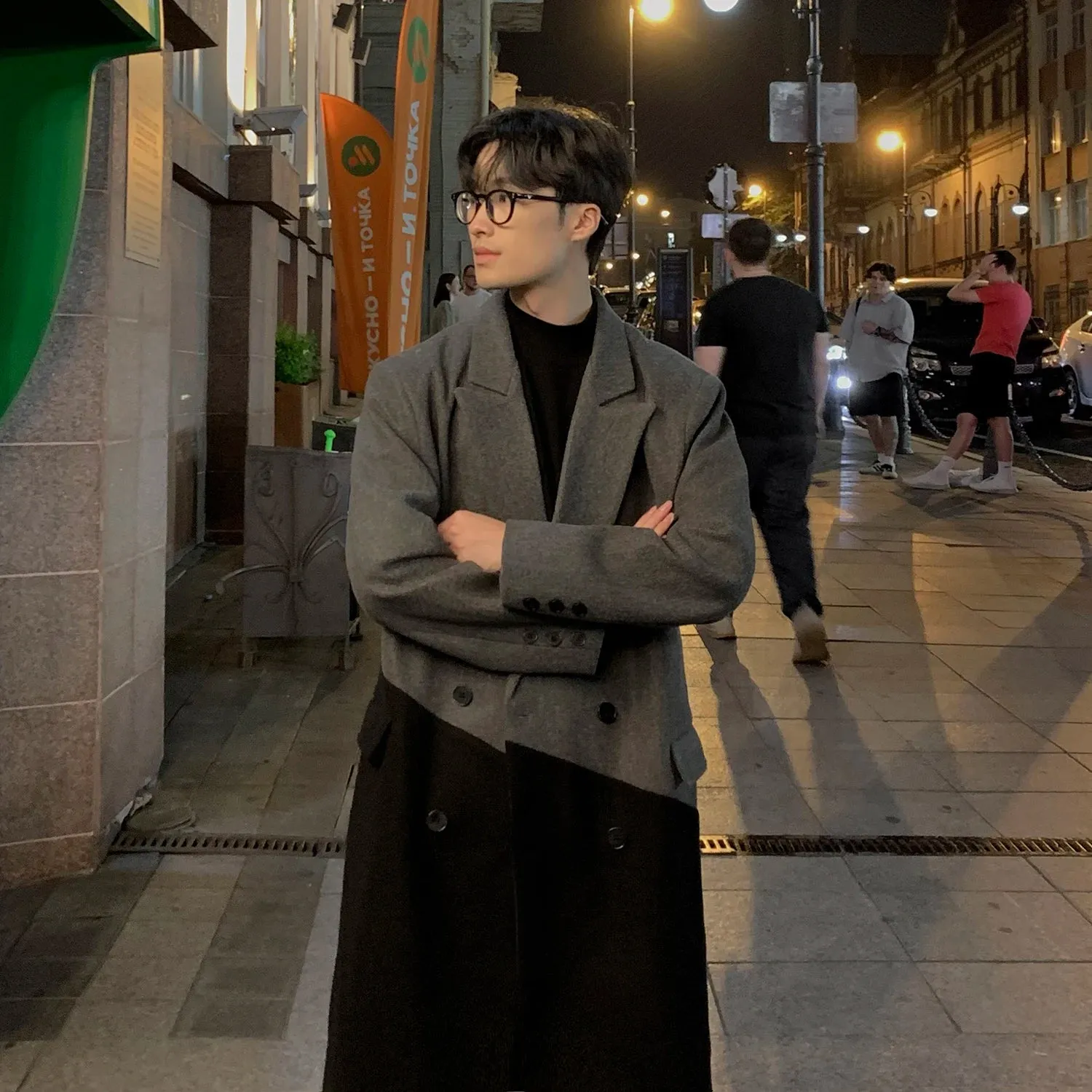 Bonsir Autumn Winter Korean Long Woolen Trench Coat Men Fashion Black Gray Contrast Color Patchwork Windbreaker Overcoat