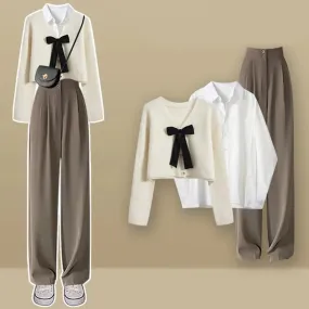 Bowknot V-Neck Cardigan Sweater Shirt Pants Three Piece Set