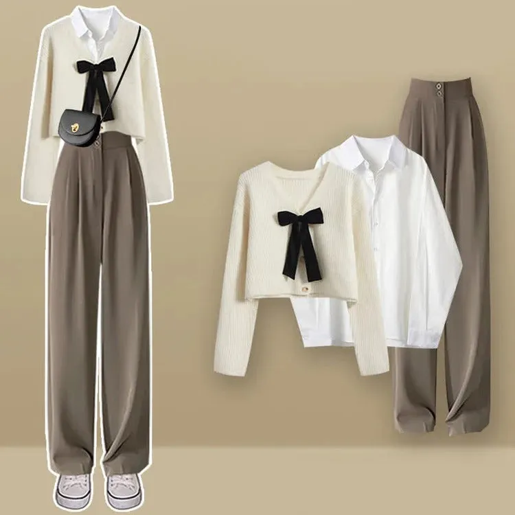 Bowknot V-Neck Cardigan Sweater Shirt Pants Three Piece Set