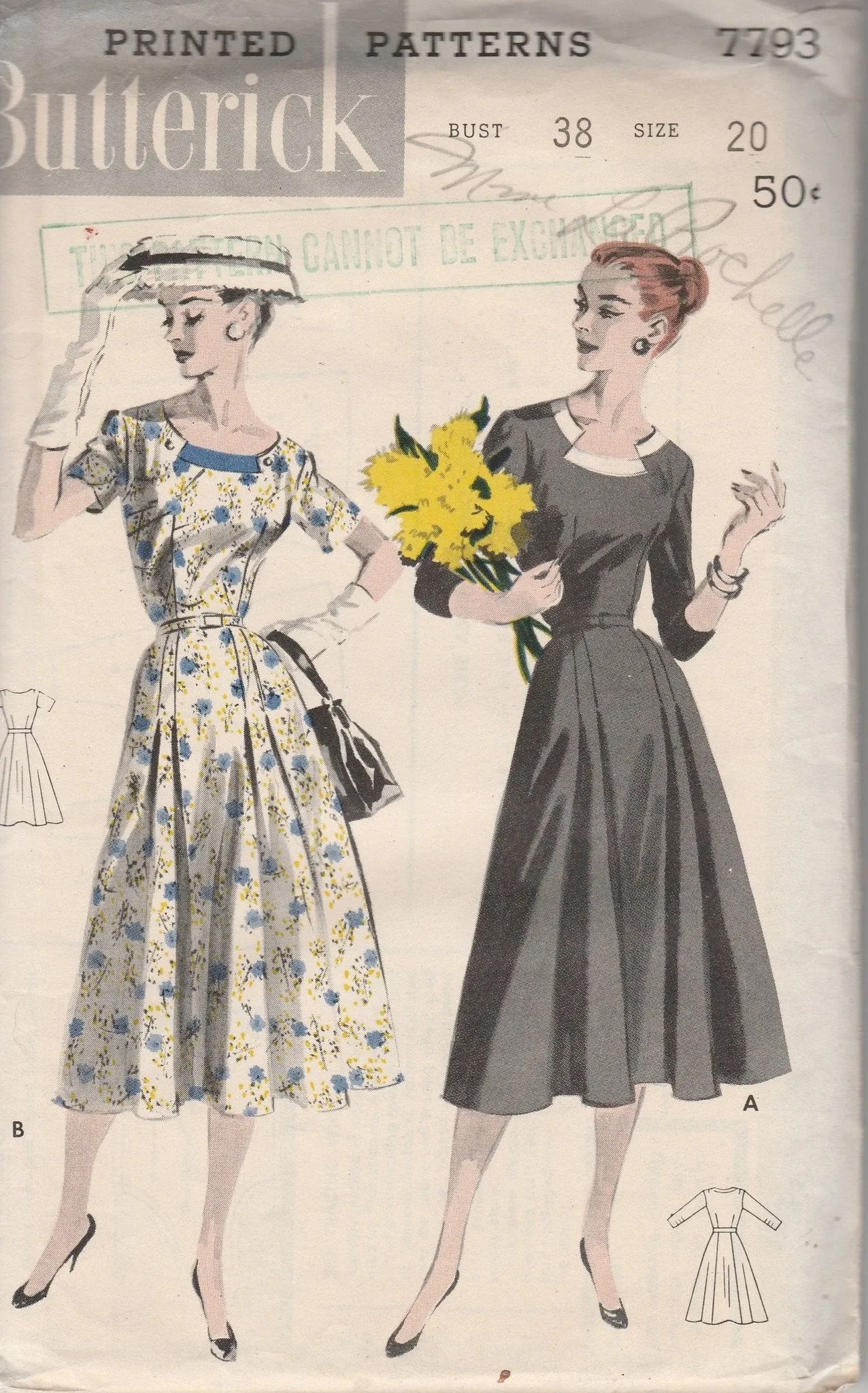 Butterick 7793 Ladies Dress Scooped Keyhole Neckline Vintage 1950's Sewing Pattern