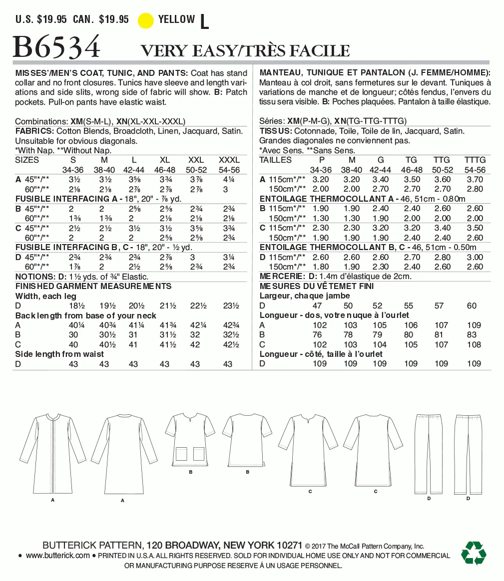 Butterick Pattern B6534 Misses'/Men's Coat, Tunic and Pants