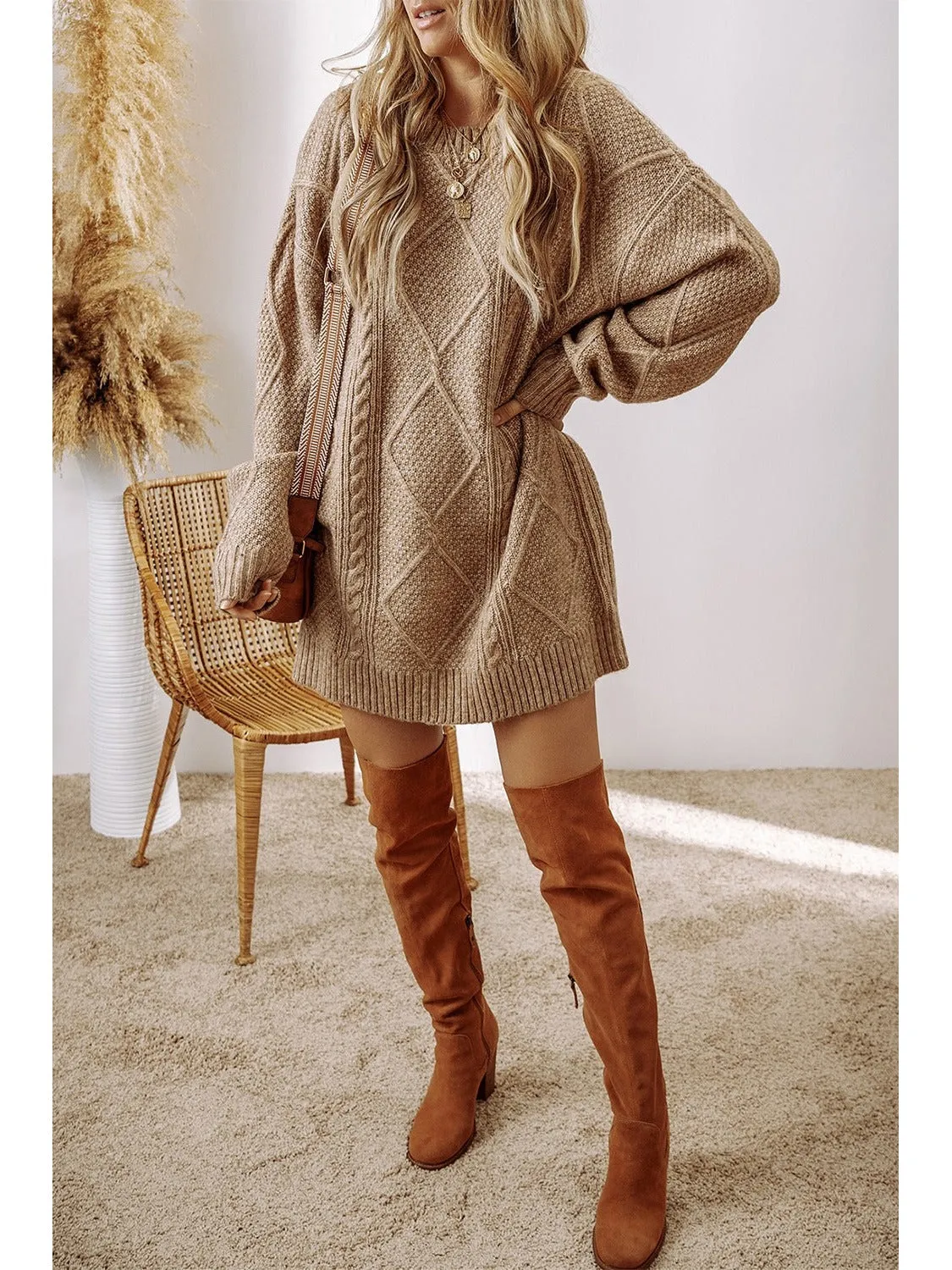 Cable-Knit Round Neck Sweater Dress