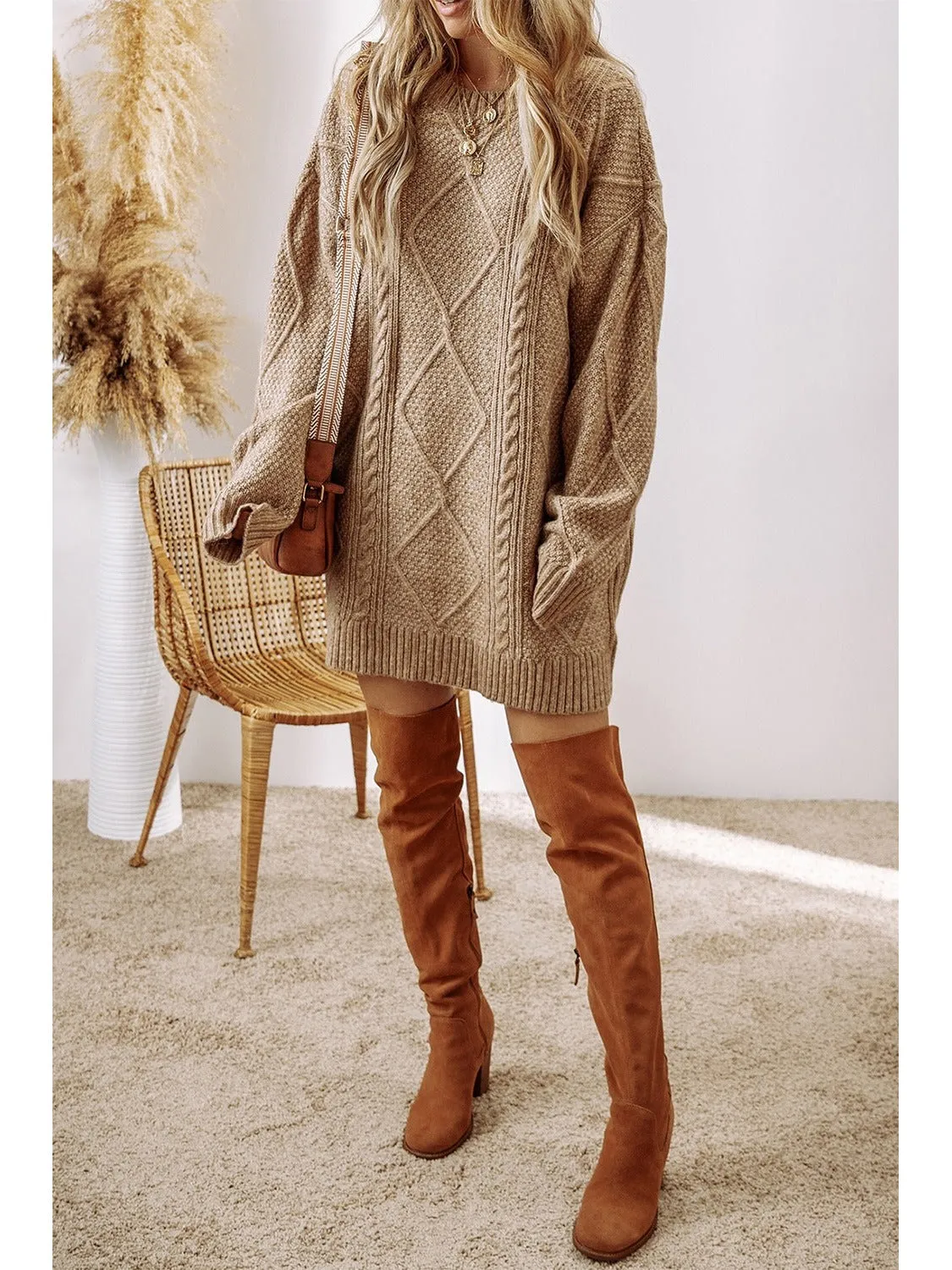 Cable-Knit Round Neck Sweater Dress