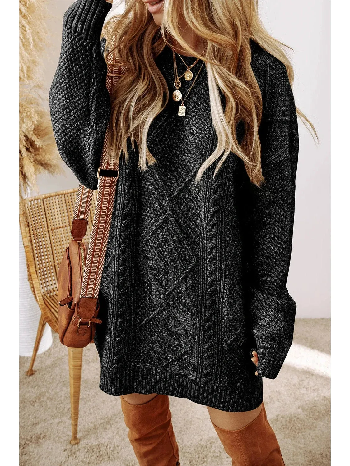 Cable-Knit Round Neck Sweater Dress