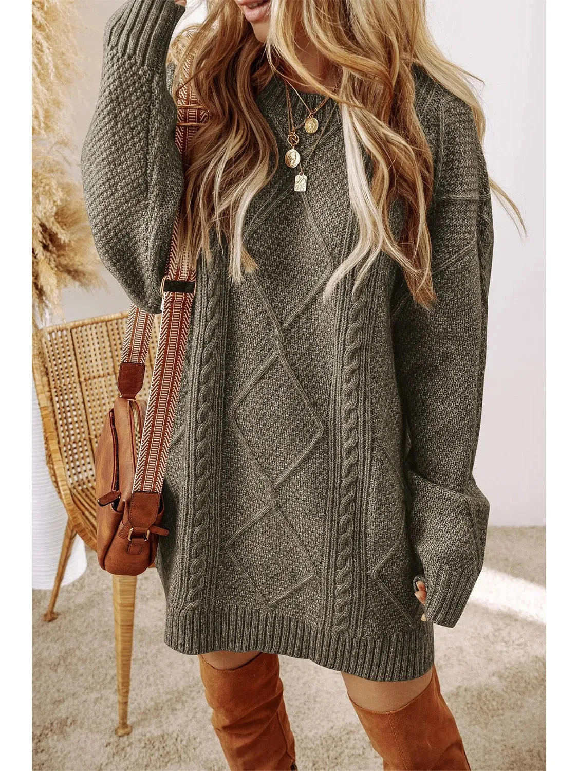 Cable-Knit Round Neck Sweater Dress