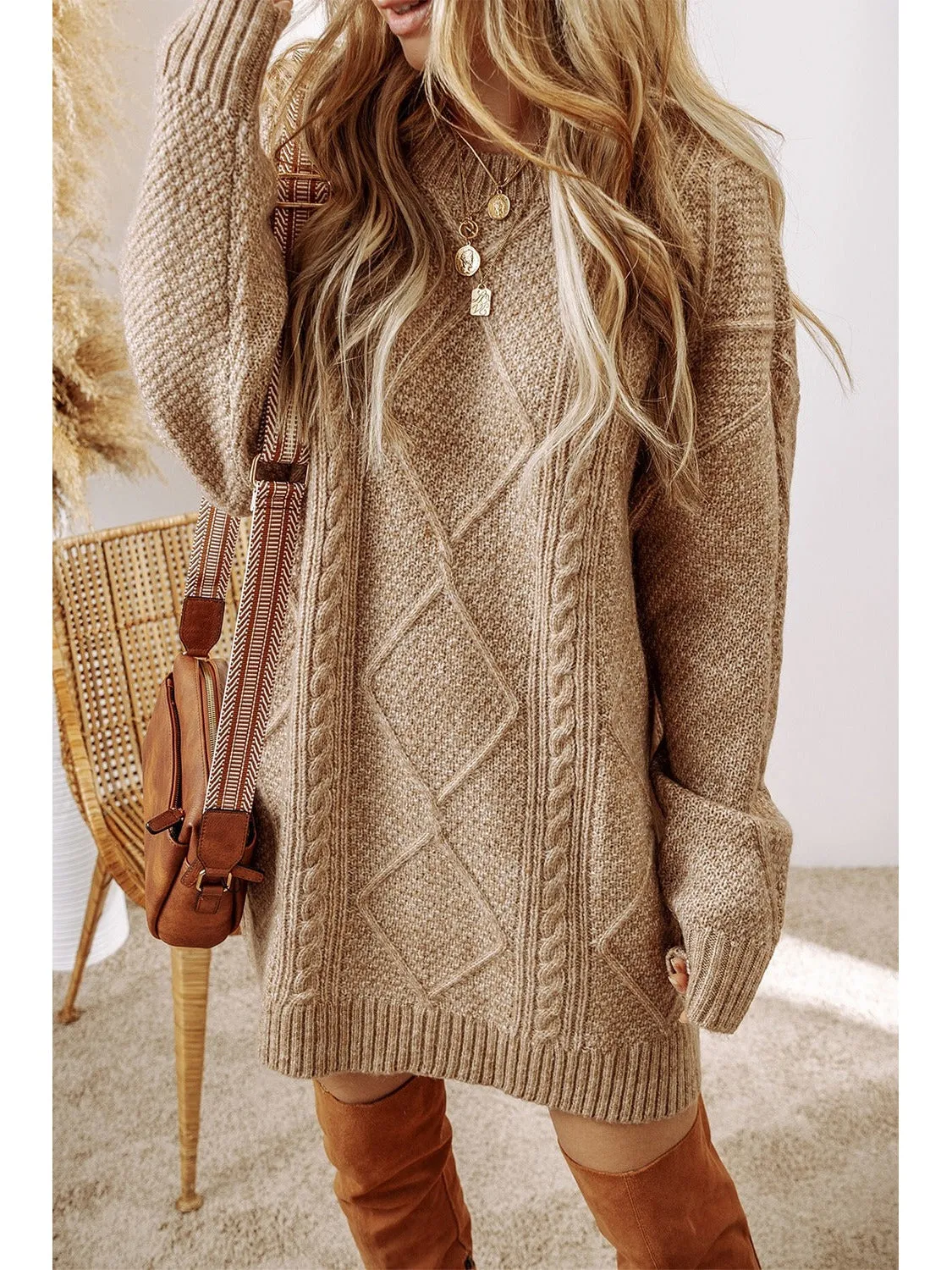 Cable-Knit Round Neck Sweater Dress