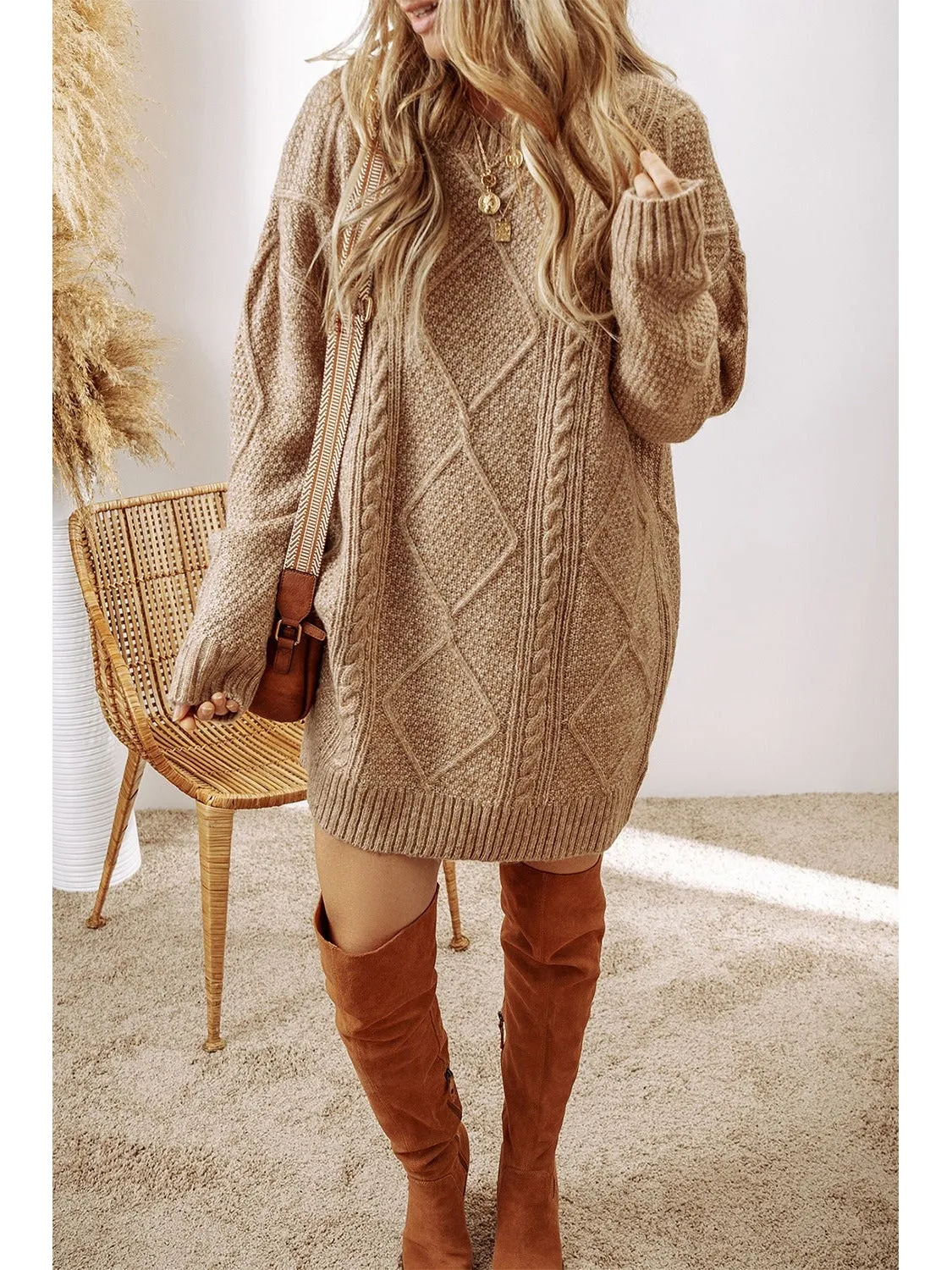 Cable-Knit Round Neck Sweater Dress