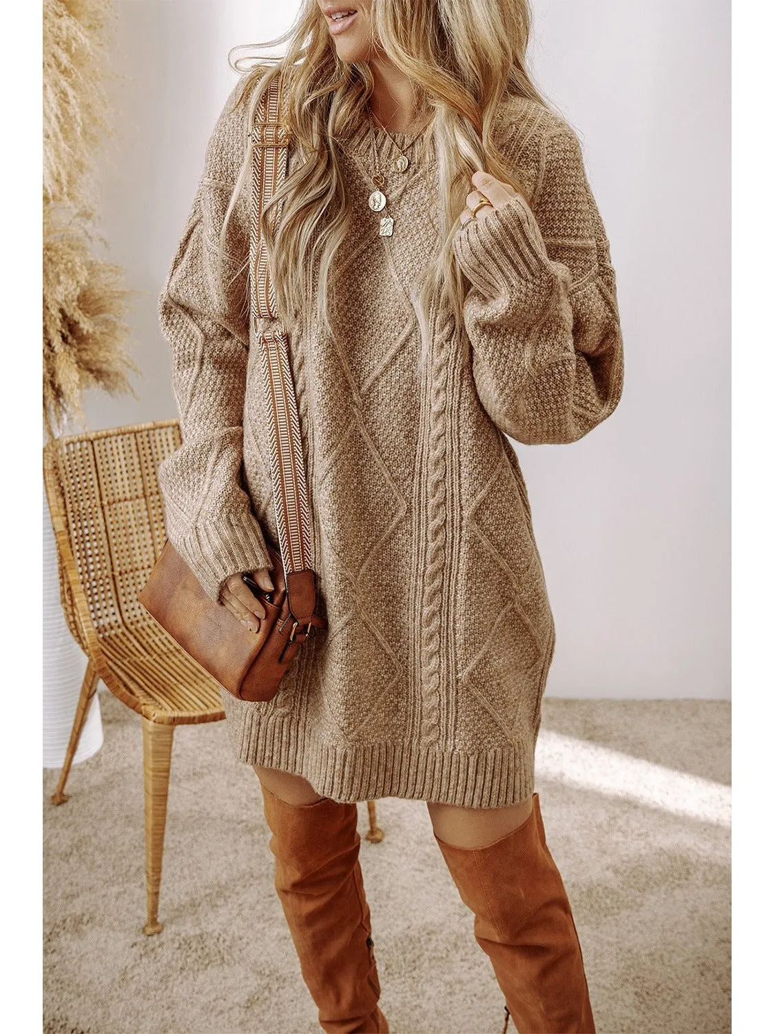 Cable-Knit Round Neck Sweater Dress