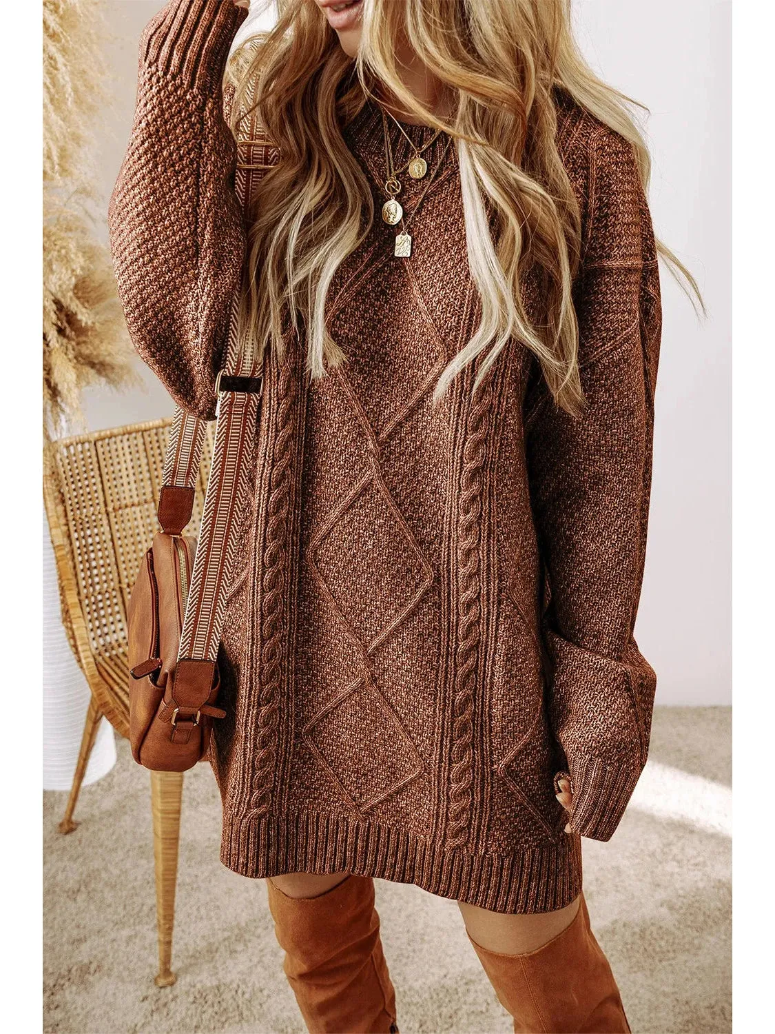 Cable-Knit Round Neck Sweater Dress