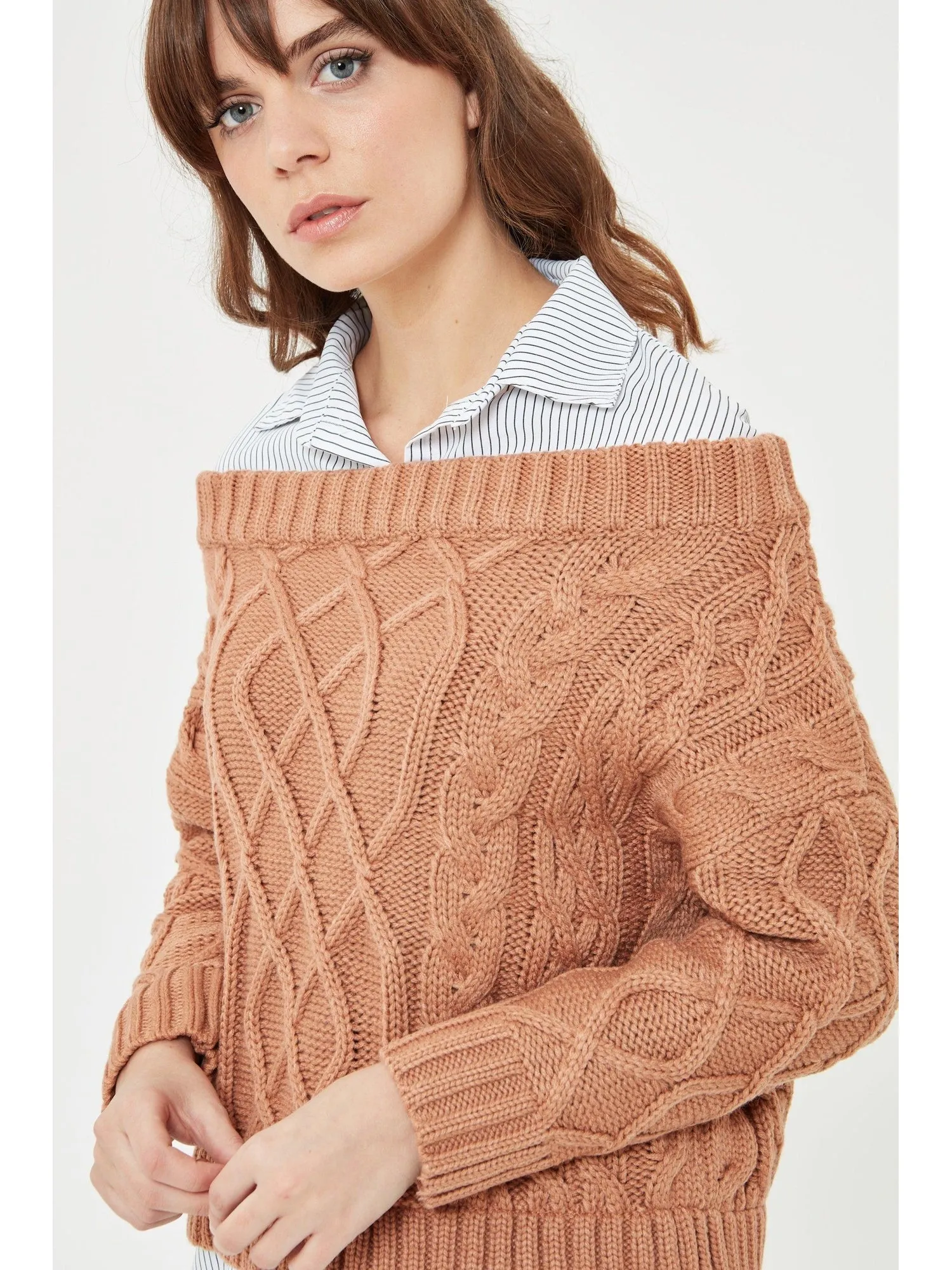 Cable Knit Sweater with Faux Shirt Attached Under Shirt