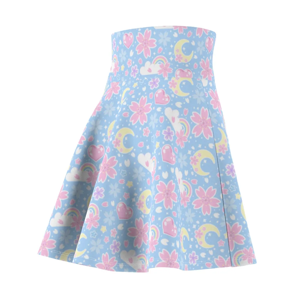 Cherry Blossom Dreams Blue High Waist Skater Skirt