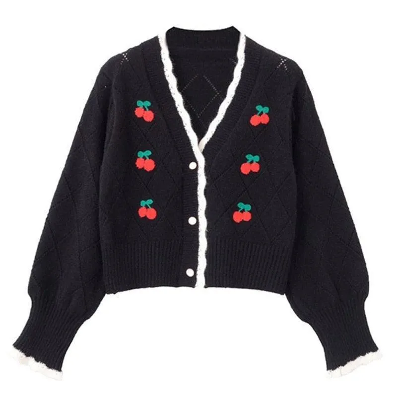 Cherry Embroidery Knit Cardigan Sweater