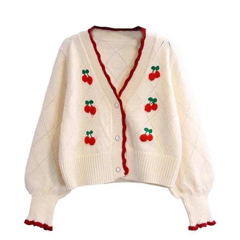 Cherry Embroidery Knit Cardigan Sweater