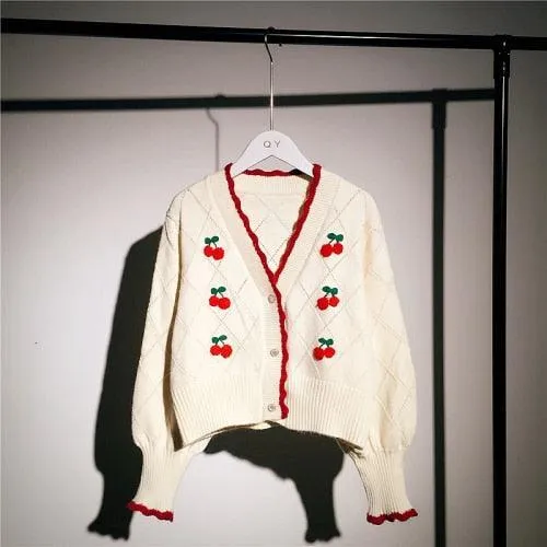 Cherry Embroidery Knit Cardigan Sweater