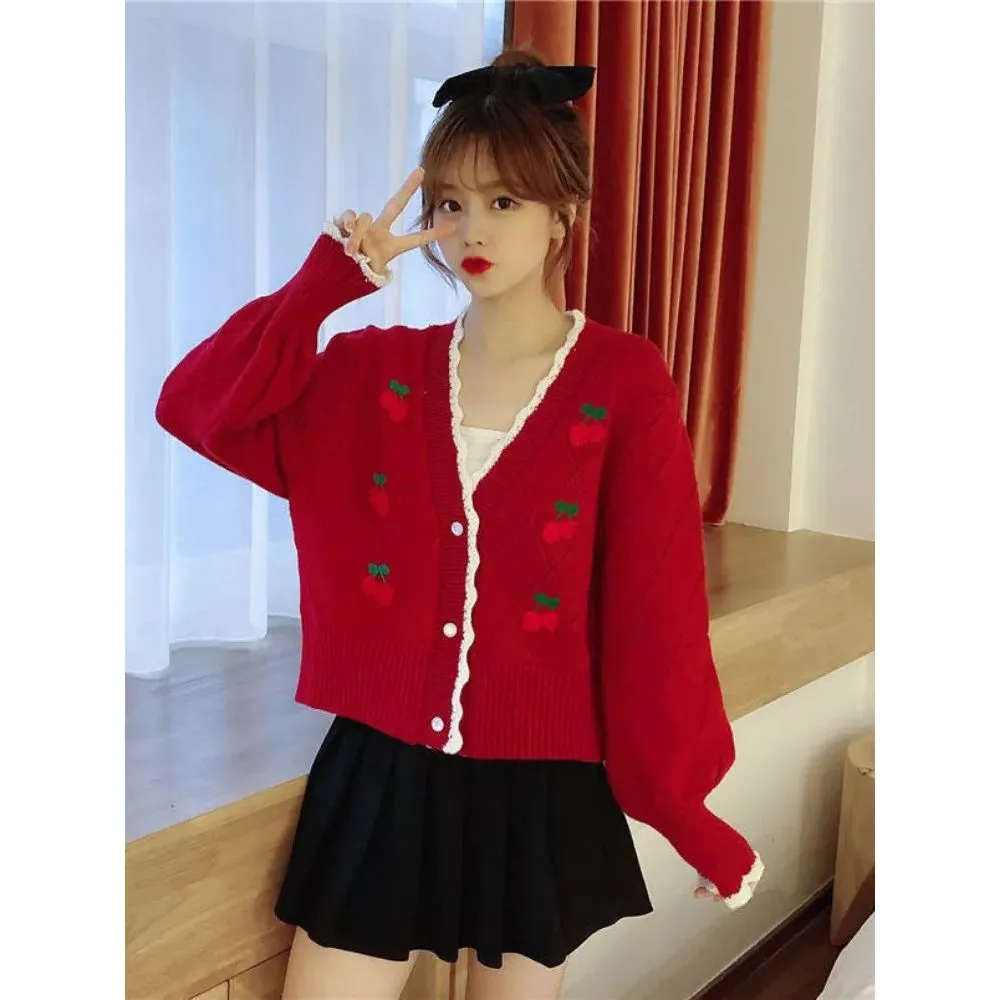 Cherry Embroidery Knit Cardigan Sweater