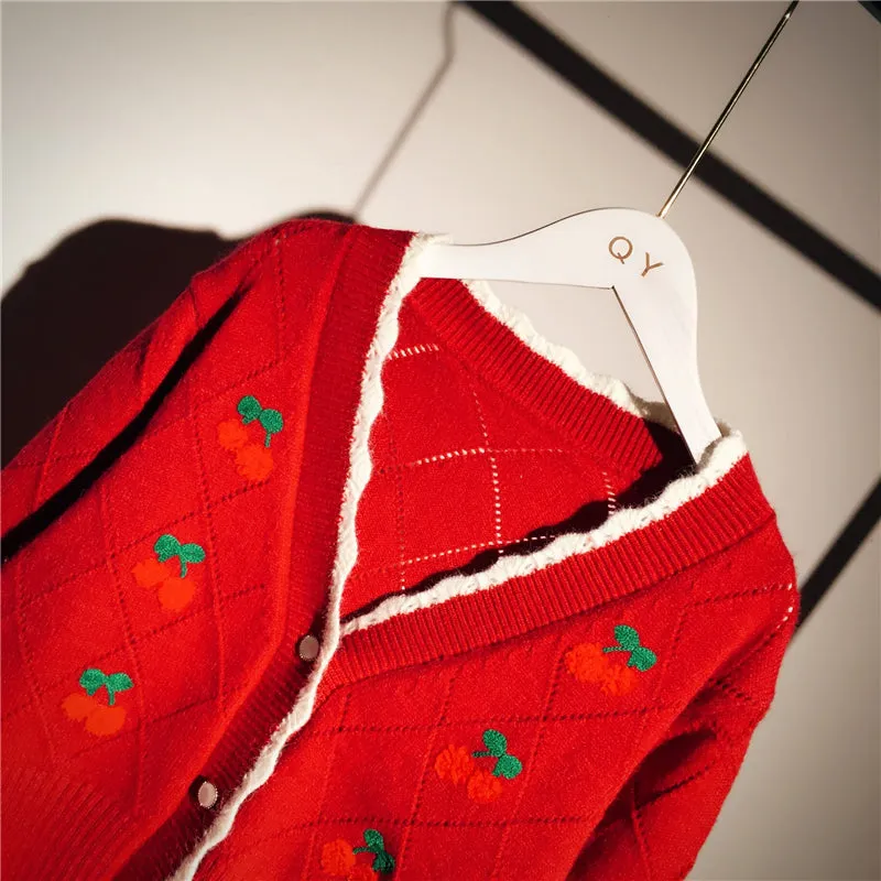 Cherry Embroidery Knit Cardigan Sweater