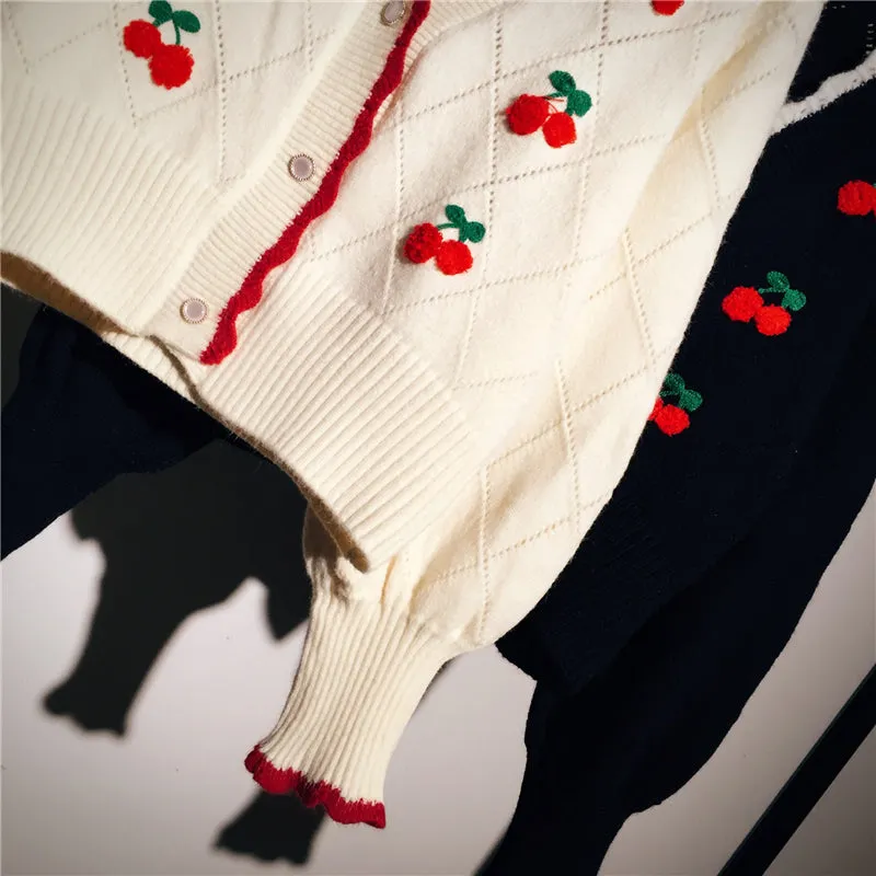 Cherry Embroidery Knit Cardigan Sweater